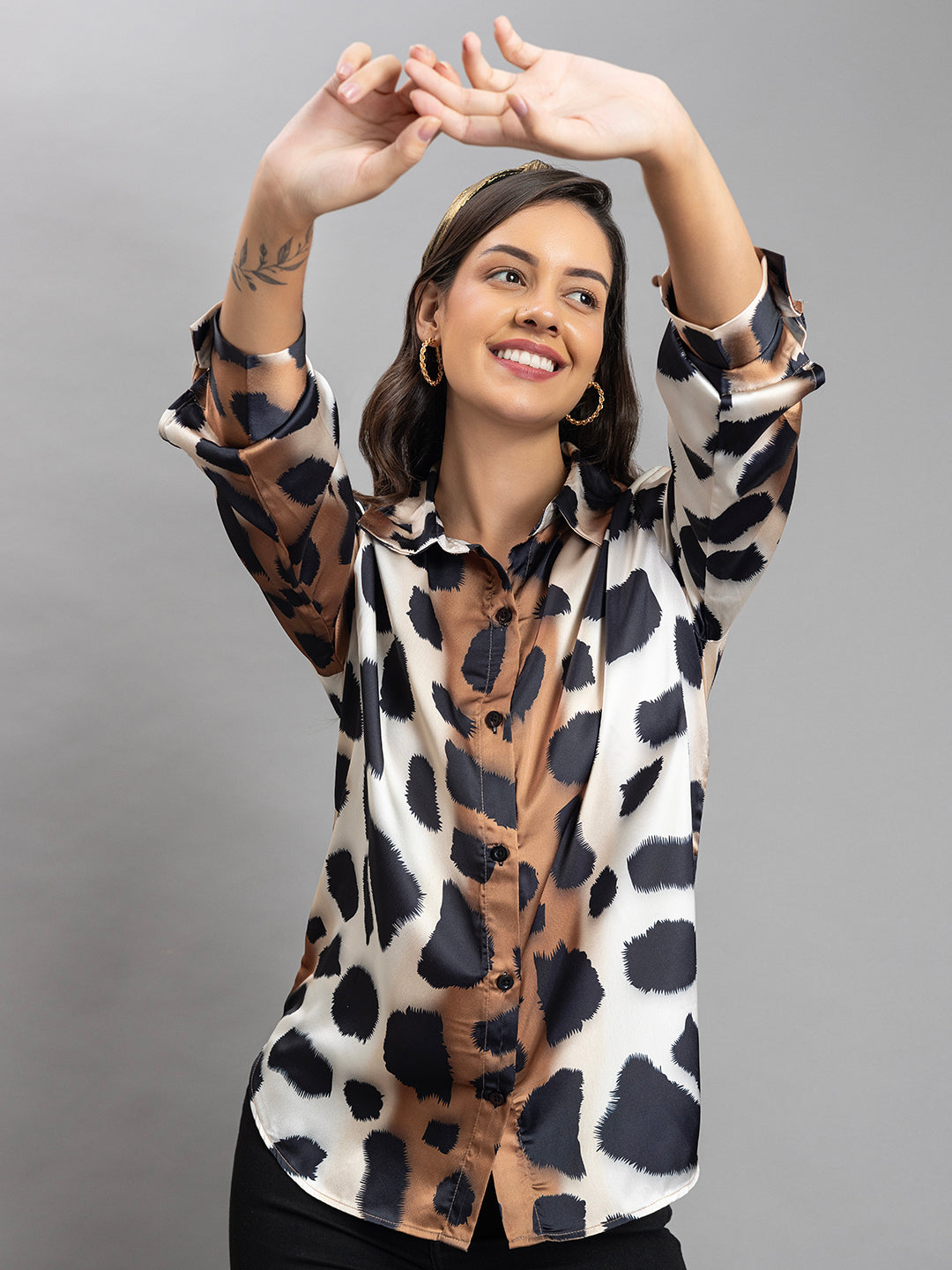 Back view of animal print satin shirt