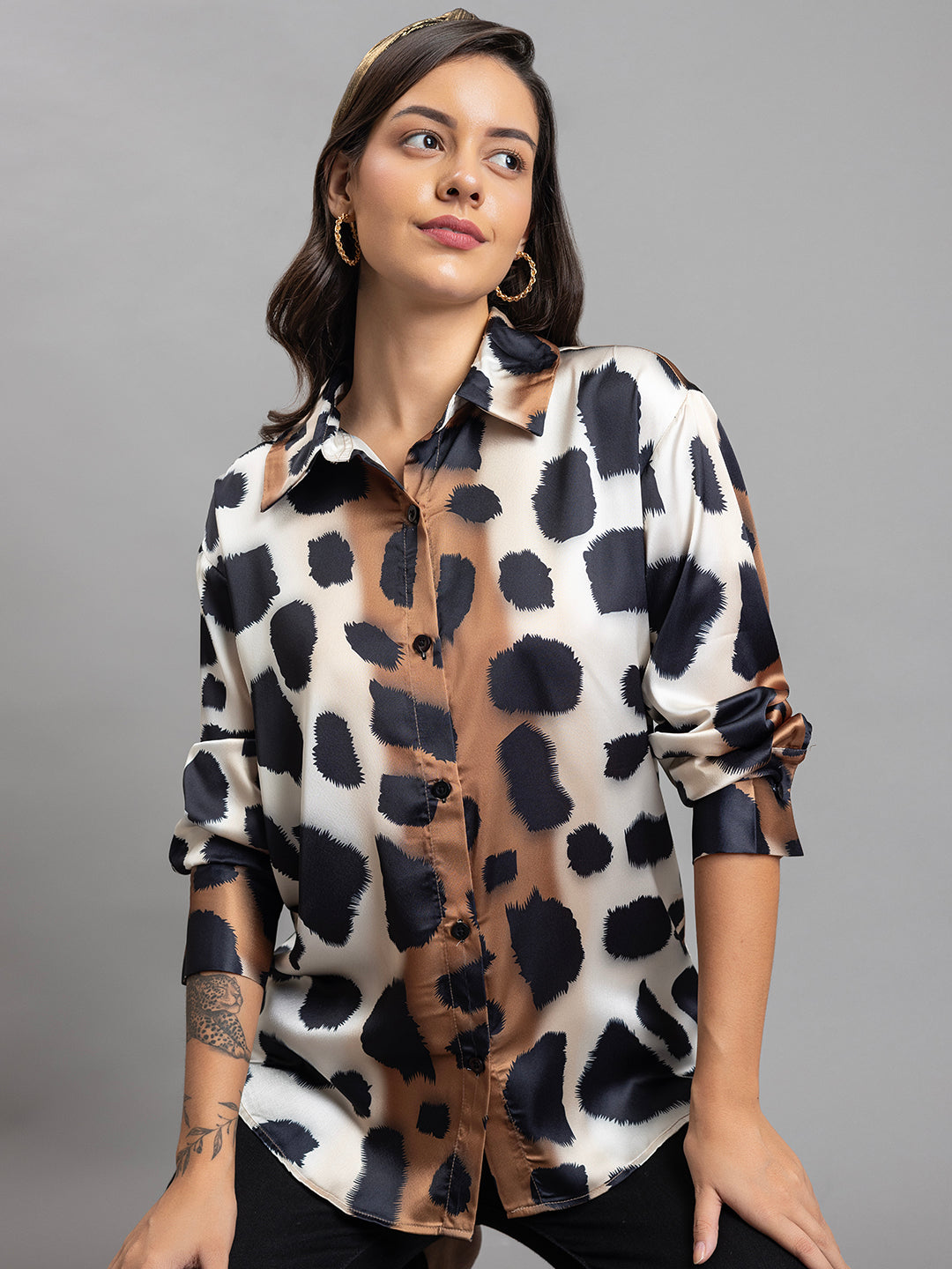 Front view of animal print satin shirt