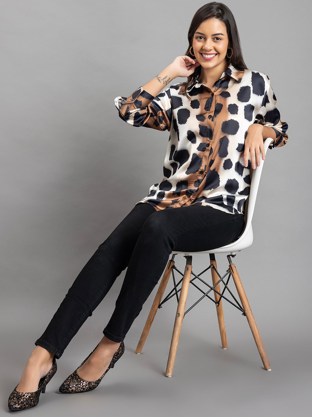Animal print satin shirt full outfit shot