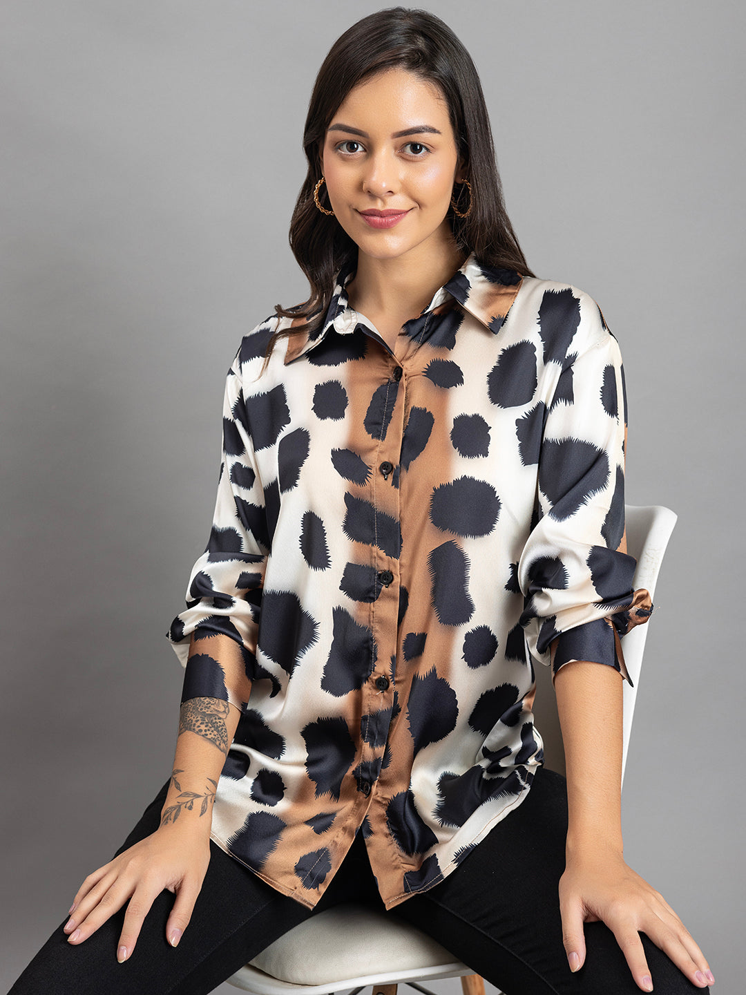 Animal print satin shirt styled with denim