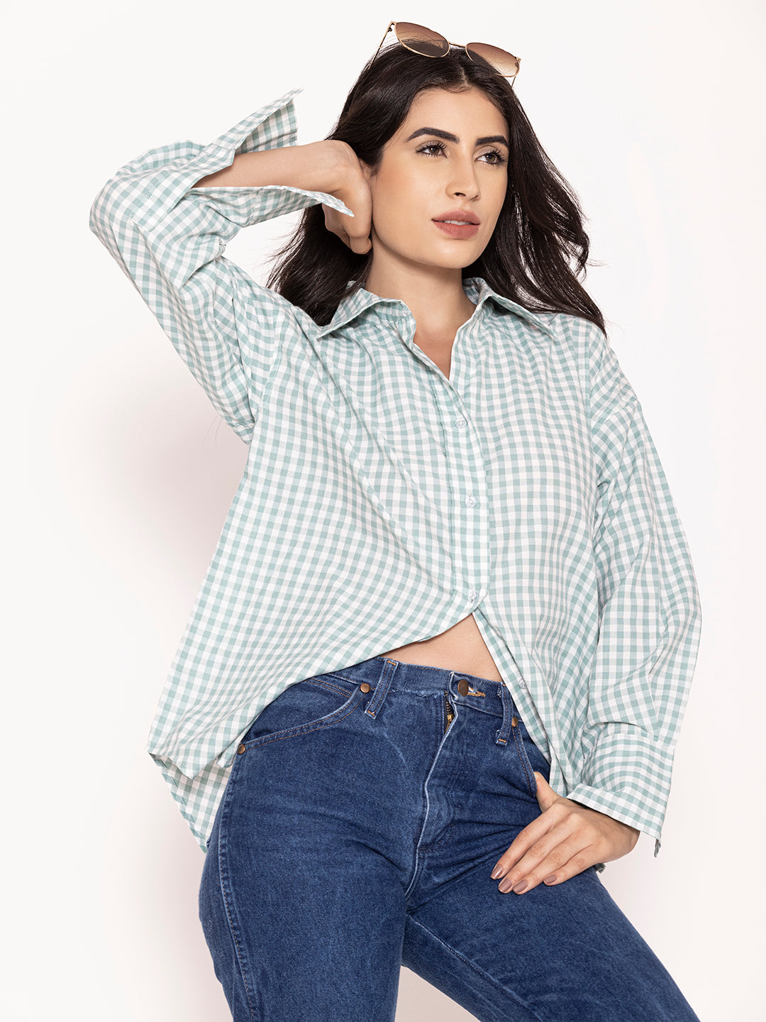 Front view of green checked cotton oversized shirt for women