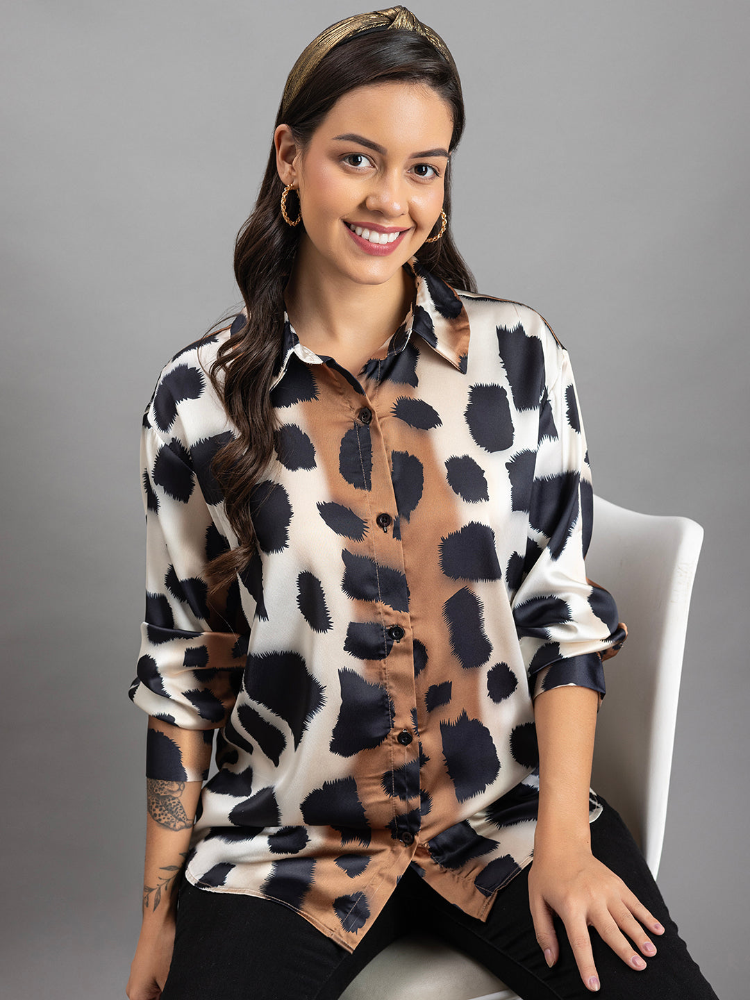 Animal print satin shirt lifestyle shot