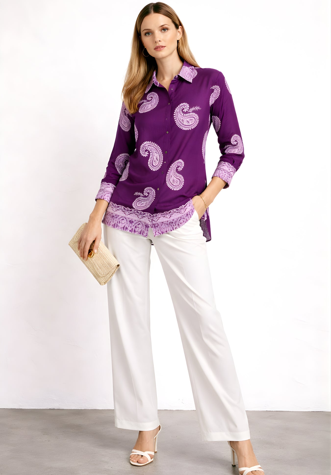 Back view of purple oversized puff print shirt