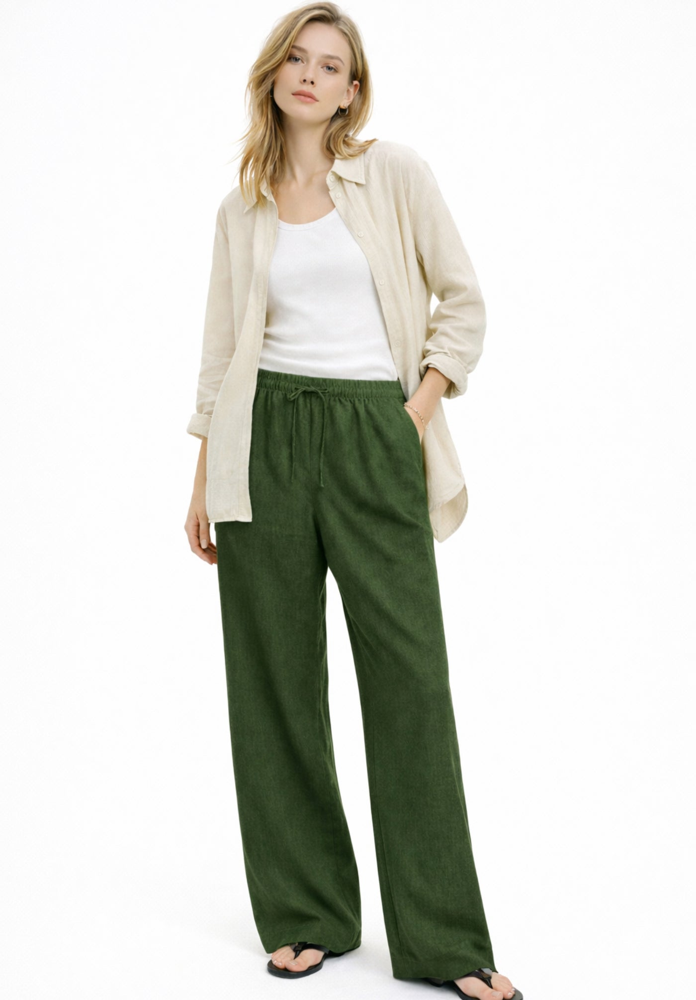 Olive linen-blend trousers back view