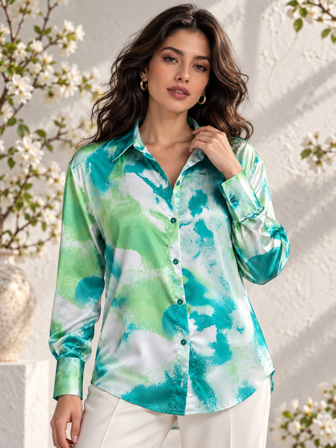 Green Floral Print Satin Shirt