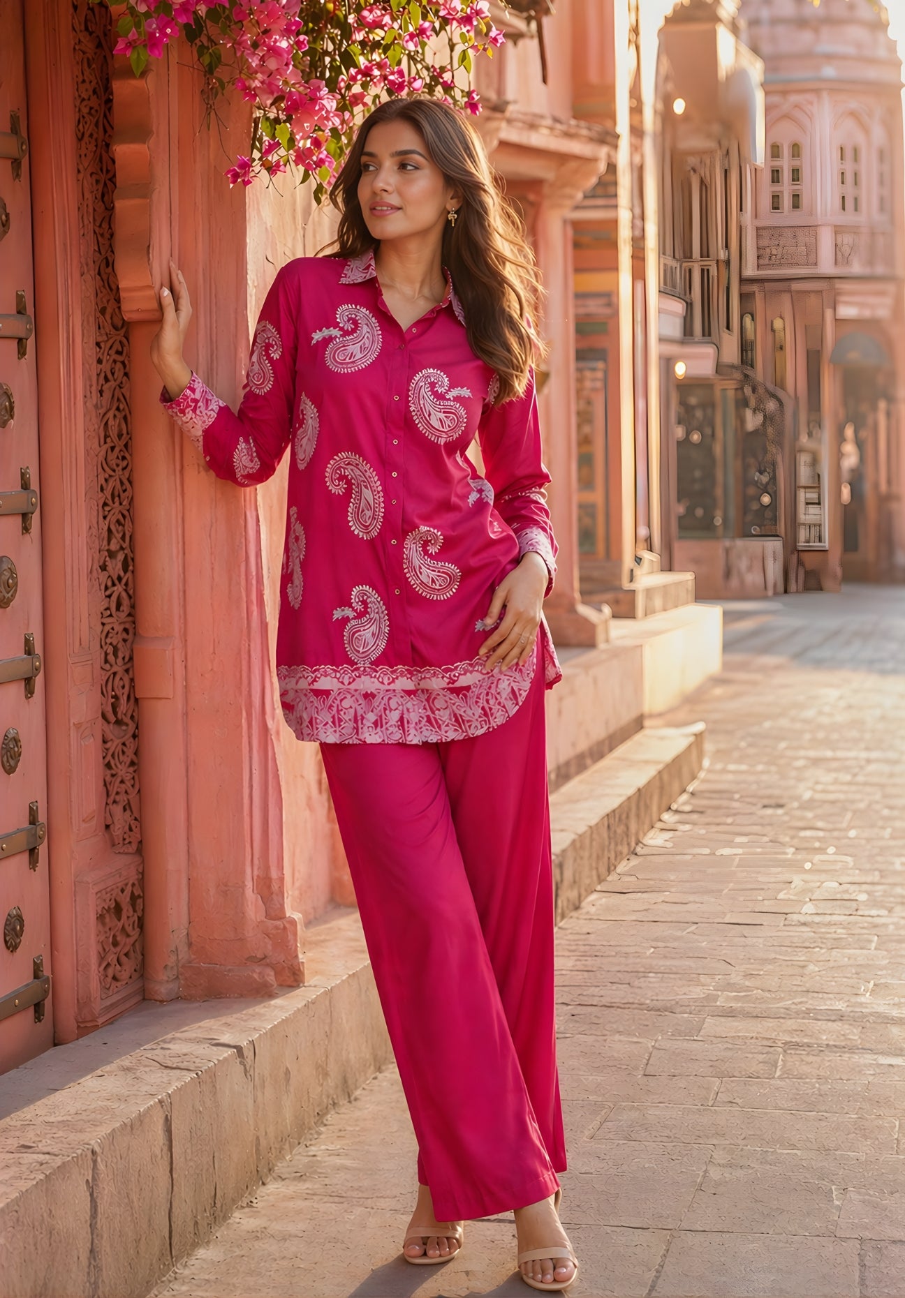 Lifestyle shot of woman wearing pink satin puff print co-ord set