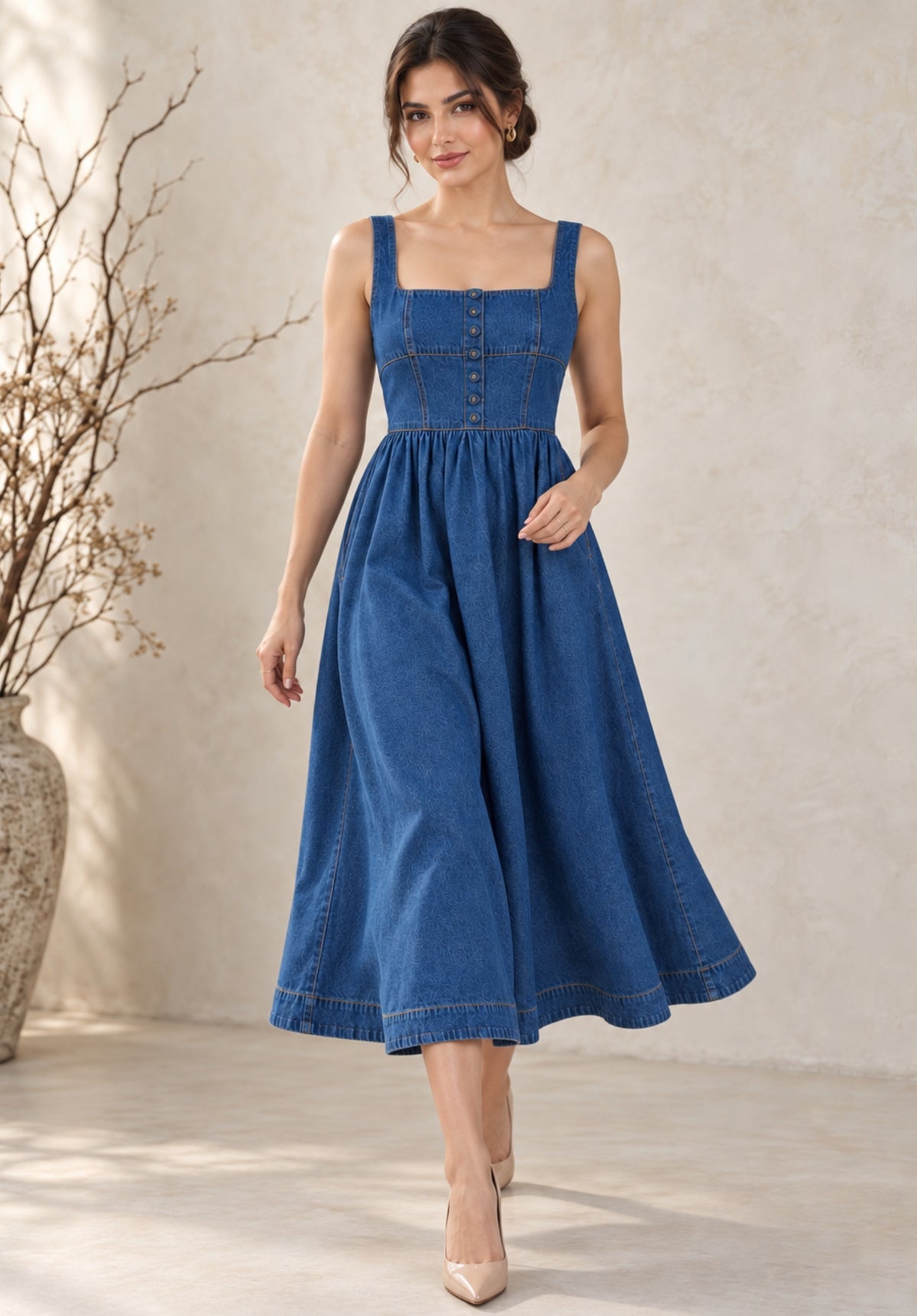 Blue Denim Flared Midi Dress