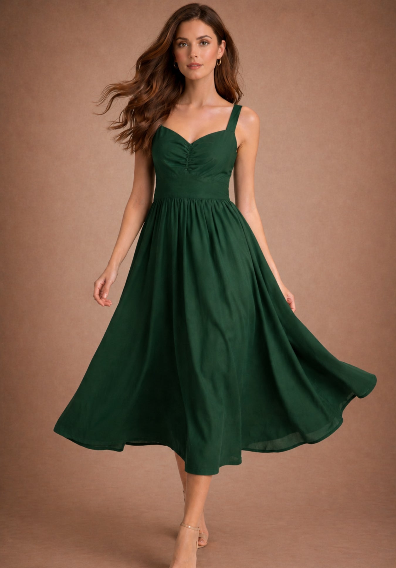 Full-length view of olive A-line shirt collar dress on model