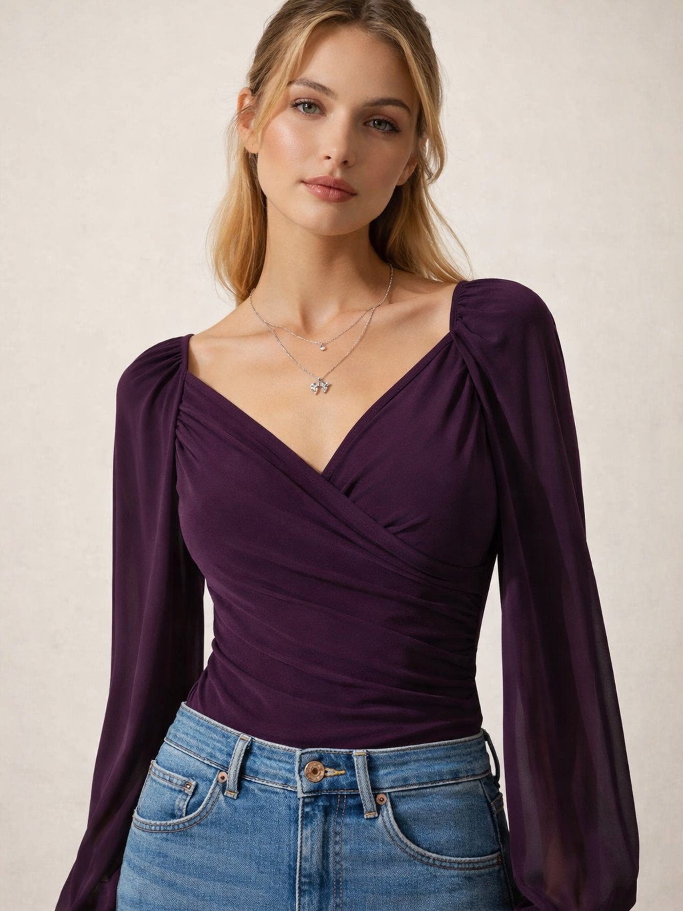 Wine wrap top with V-neckline front view