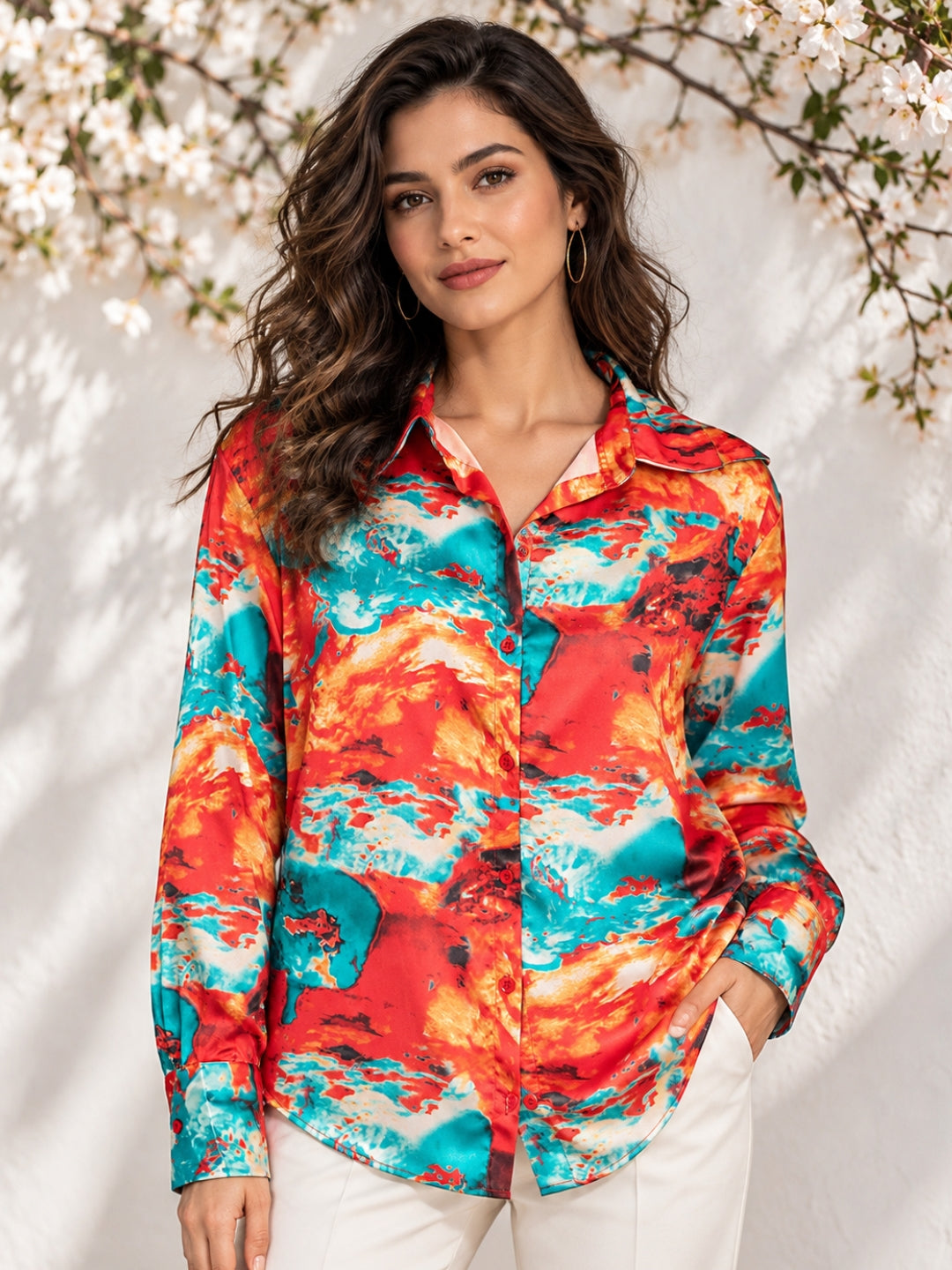 Red Floral Print Satin Shirt