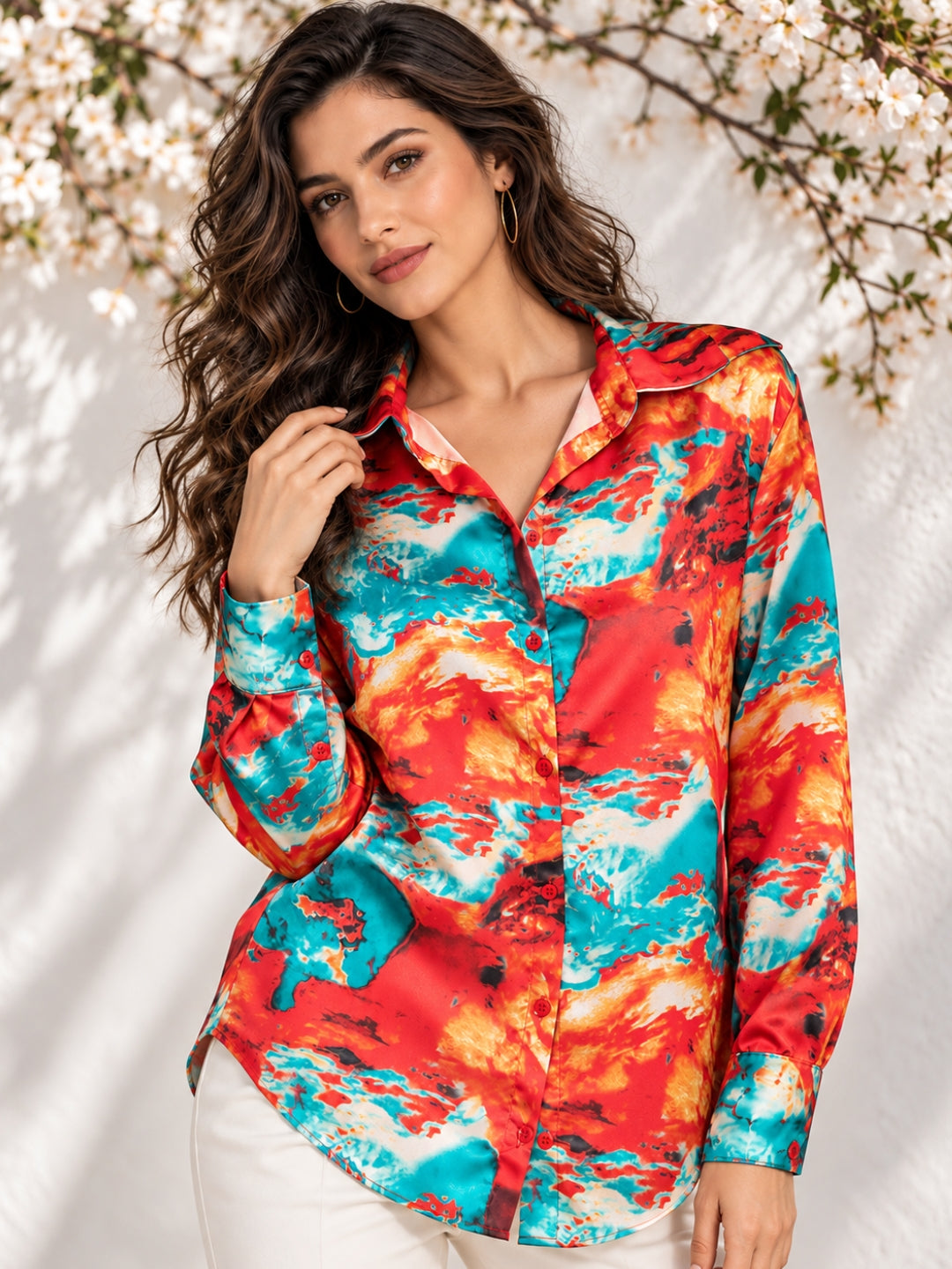 Red Floral Print Satin Shirt