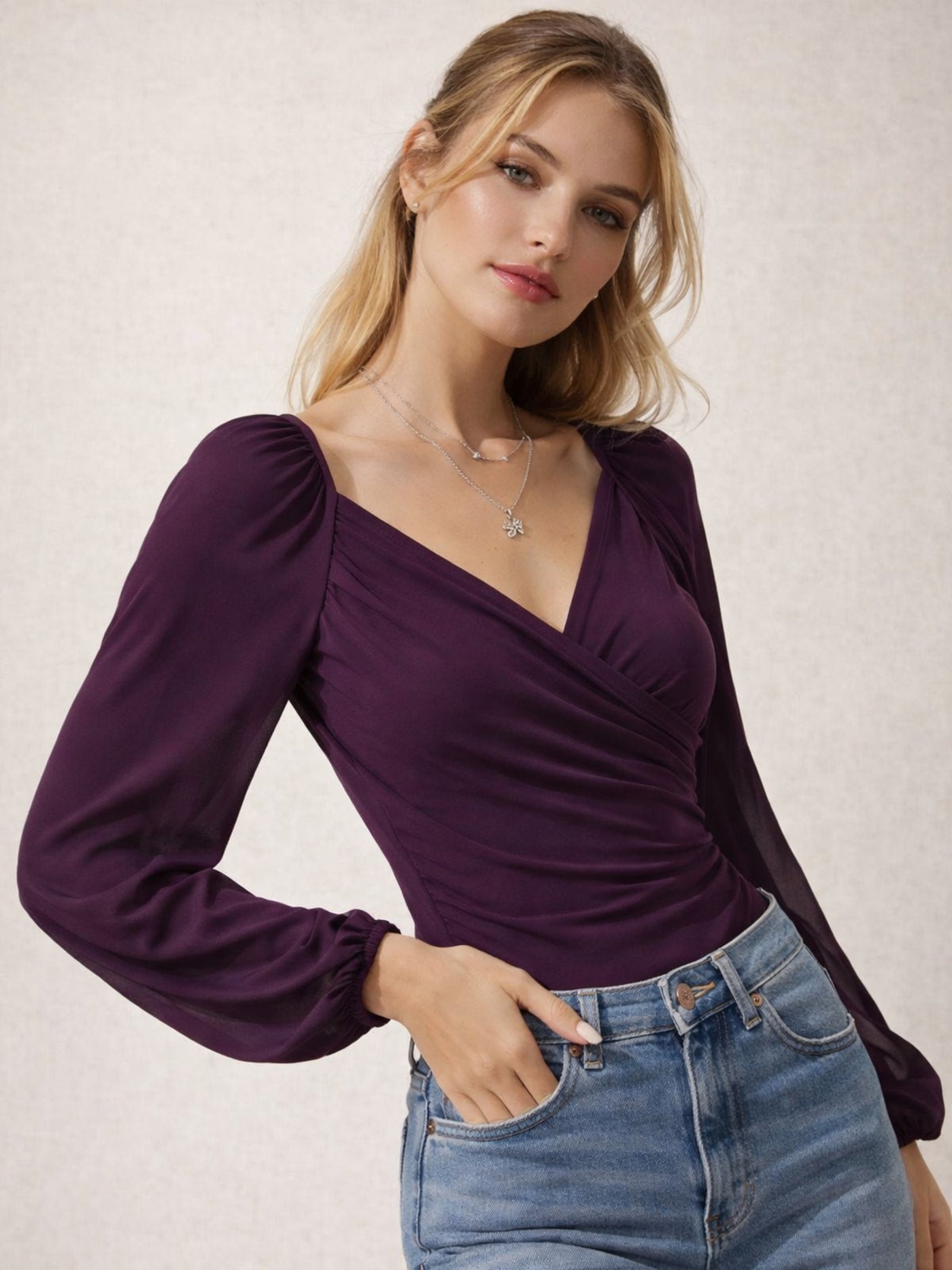Side view of wine wrap top tie waist detail