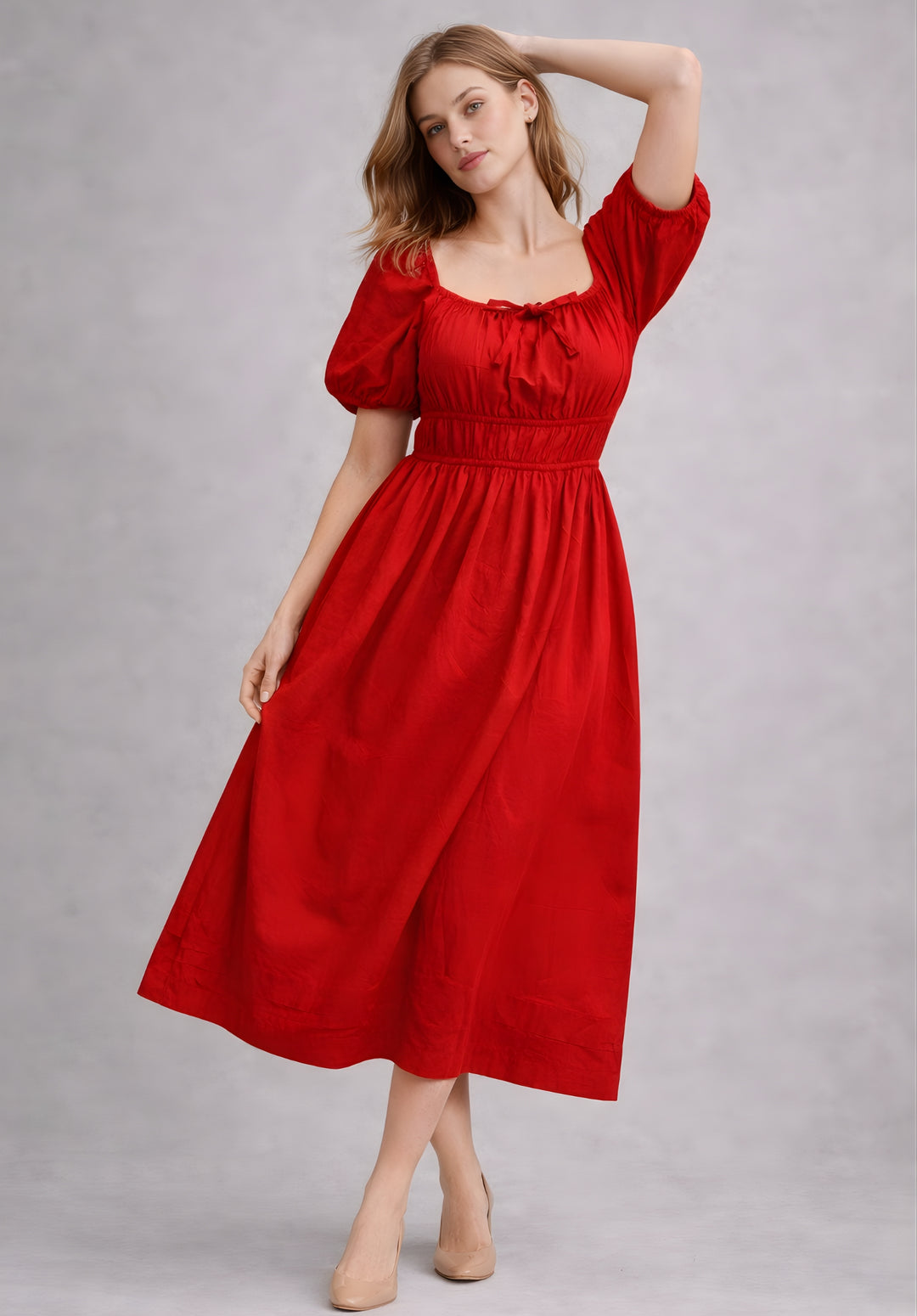 Front view of red pure cotton A-line smoked waist dress for women