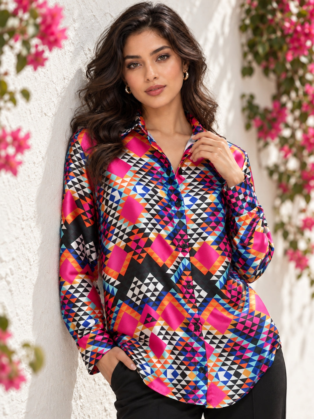 Multicolor Floral Print Satin Shirt