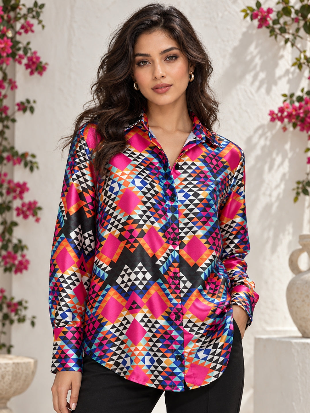 Multicolor Floral Print Satin Shirt
