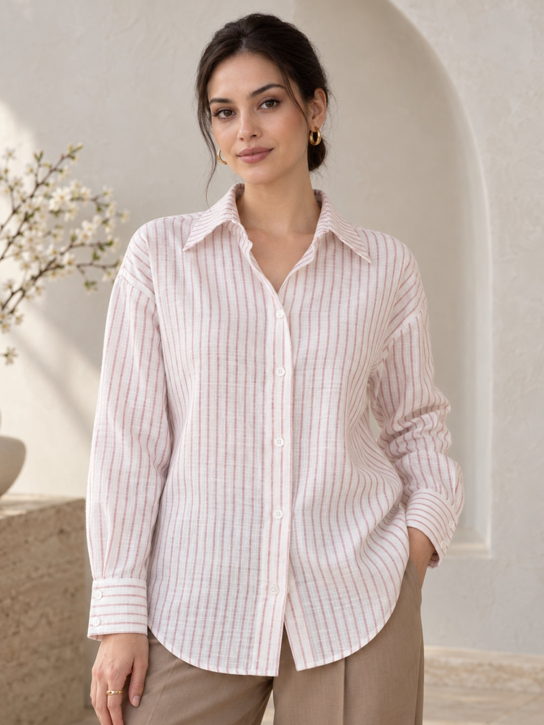 White & Pink Linen Blend Shirt