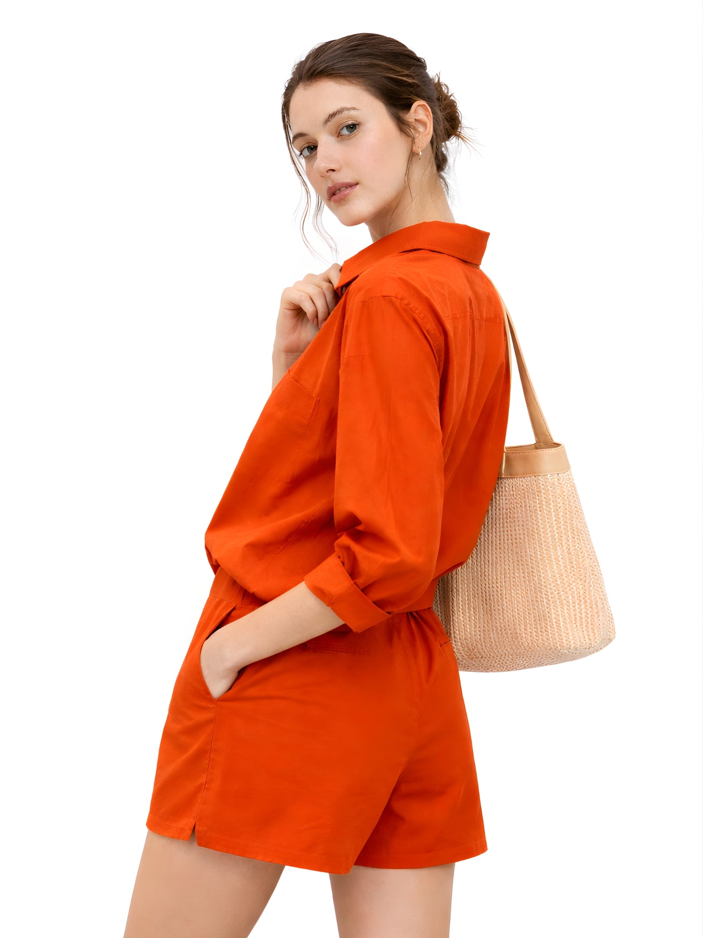Side angle of rust poplin cotton co-ord on model