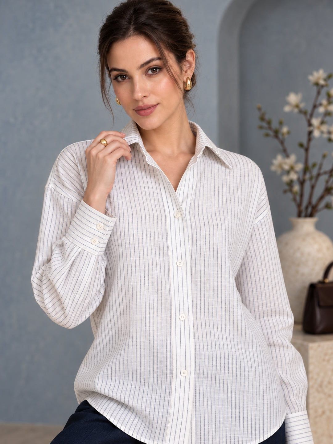 White & Blue Linen Blend Shirt