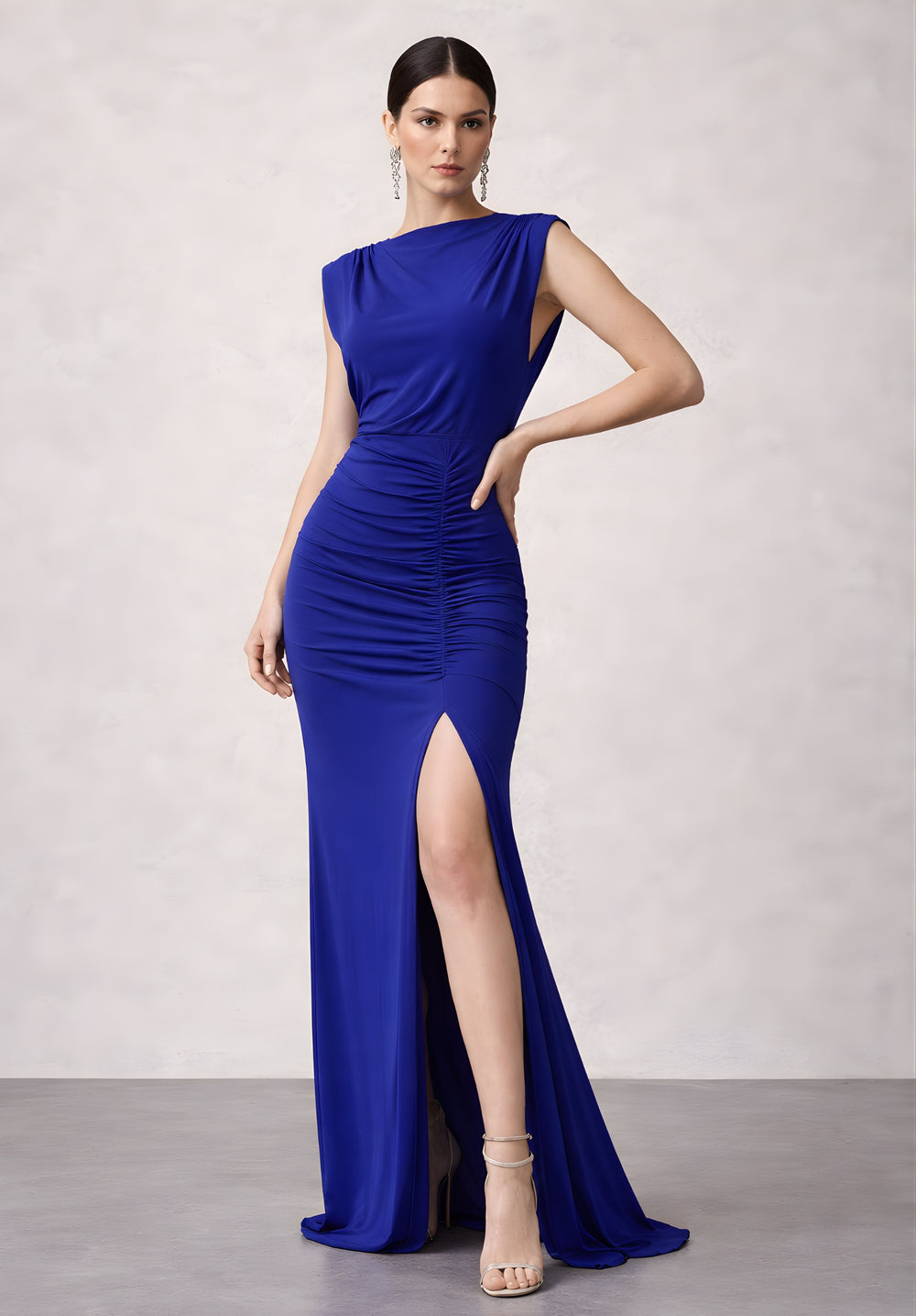 Side view of royal blue bodycon party dress