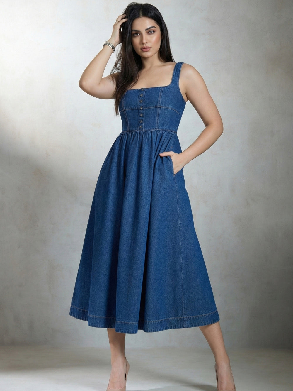 Blue denim midi dress styled with sneakers