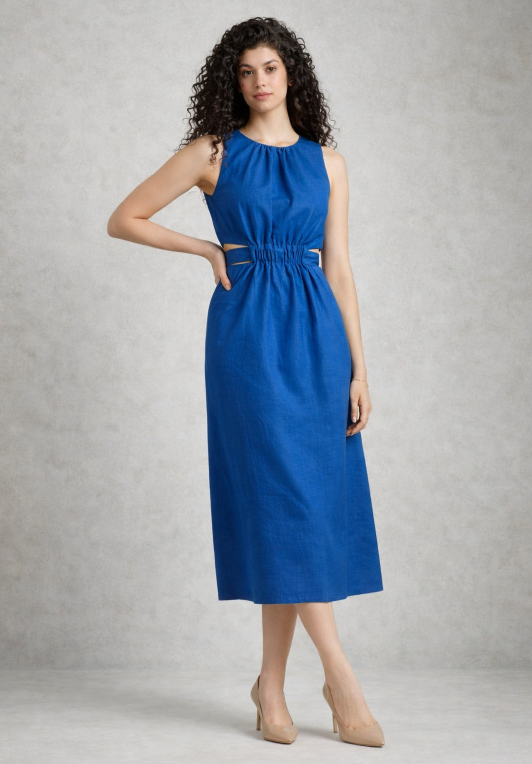 Front view of blue pure cotton A-line dress with button-down front