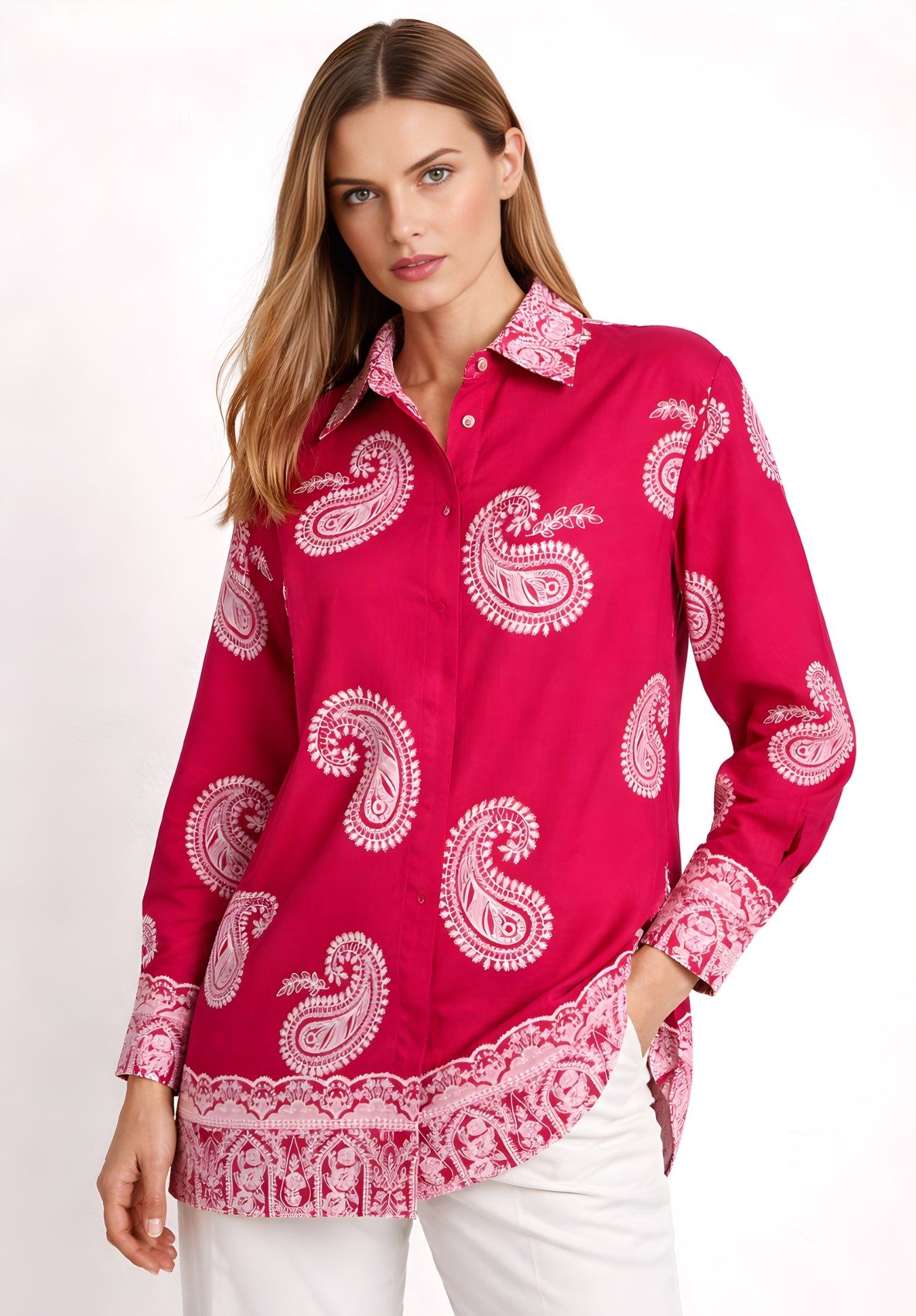 Pink puff print oversized shirt front view on model
