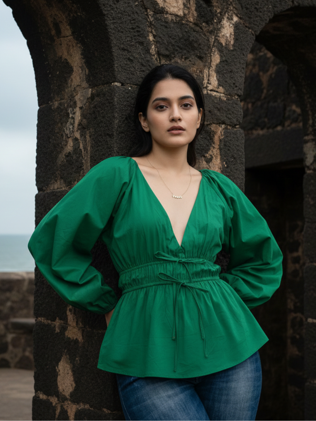 Front view of green poplin cotton V-neck top with long sleeves