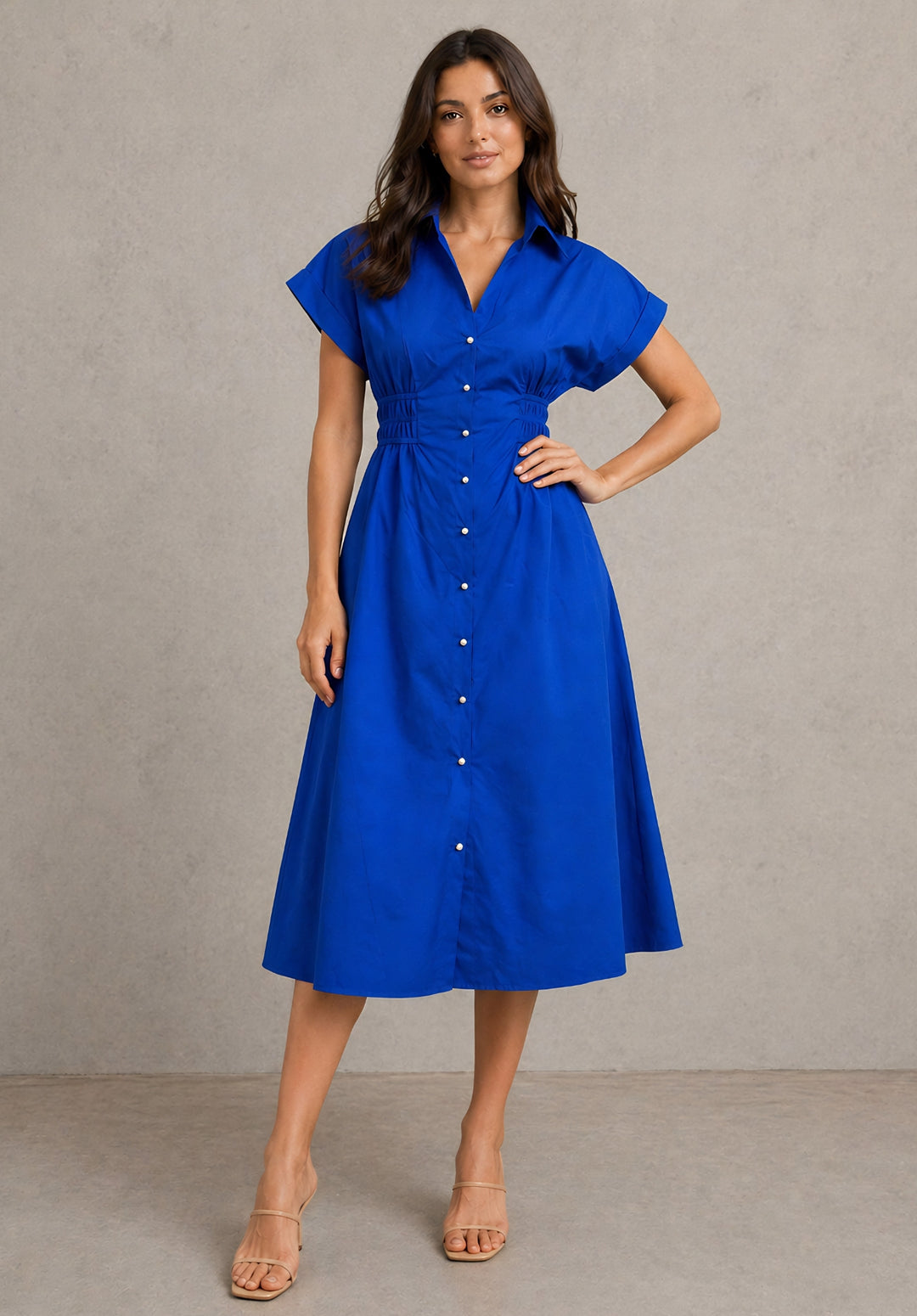 Front view of Blue cotton shirt collar A-line dress for women