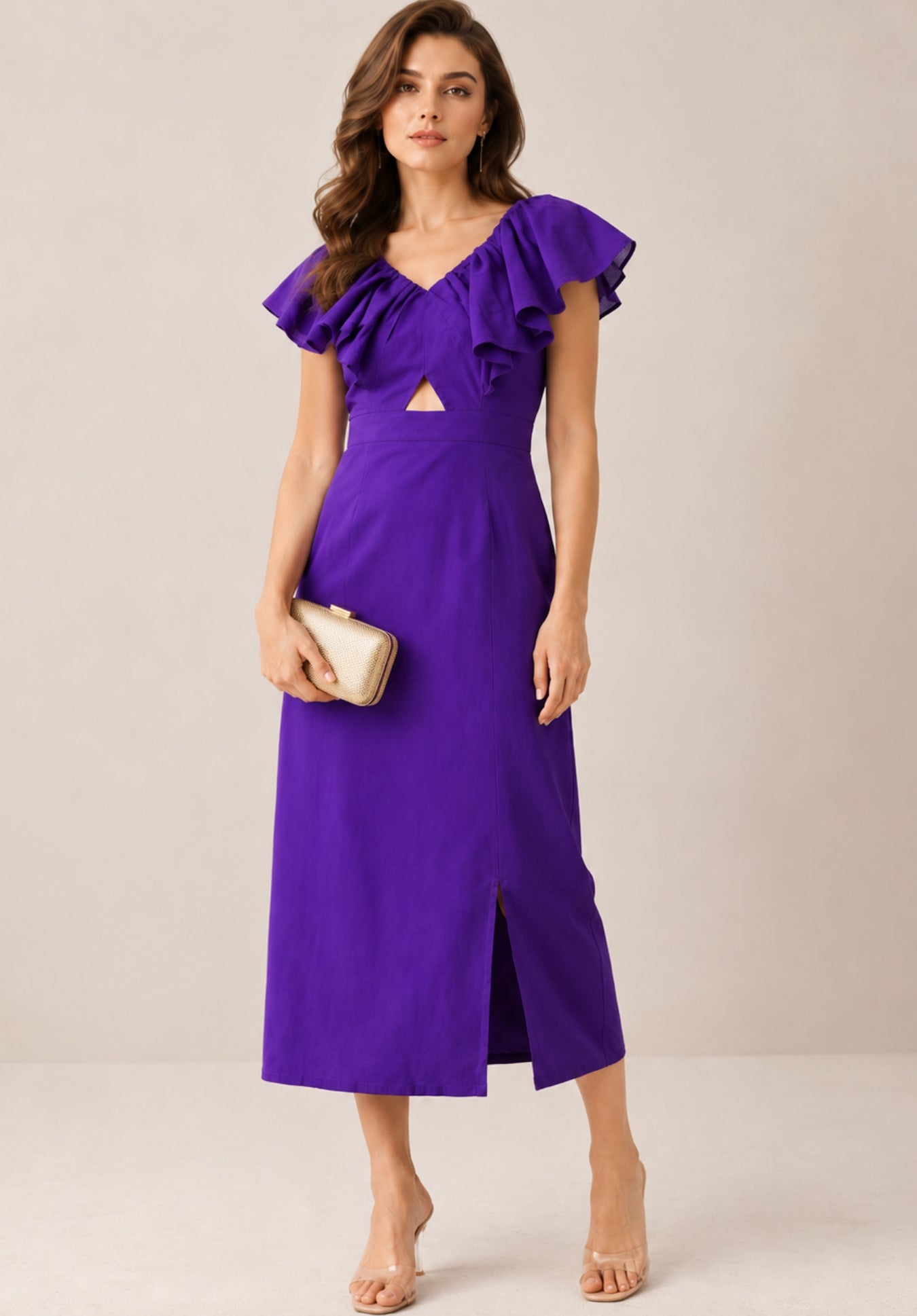 Purple Pure Cotton Flutter Sleeve Ruffled Sheath Midi Dress