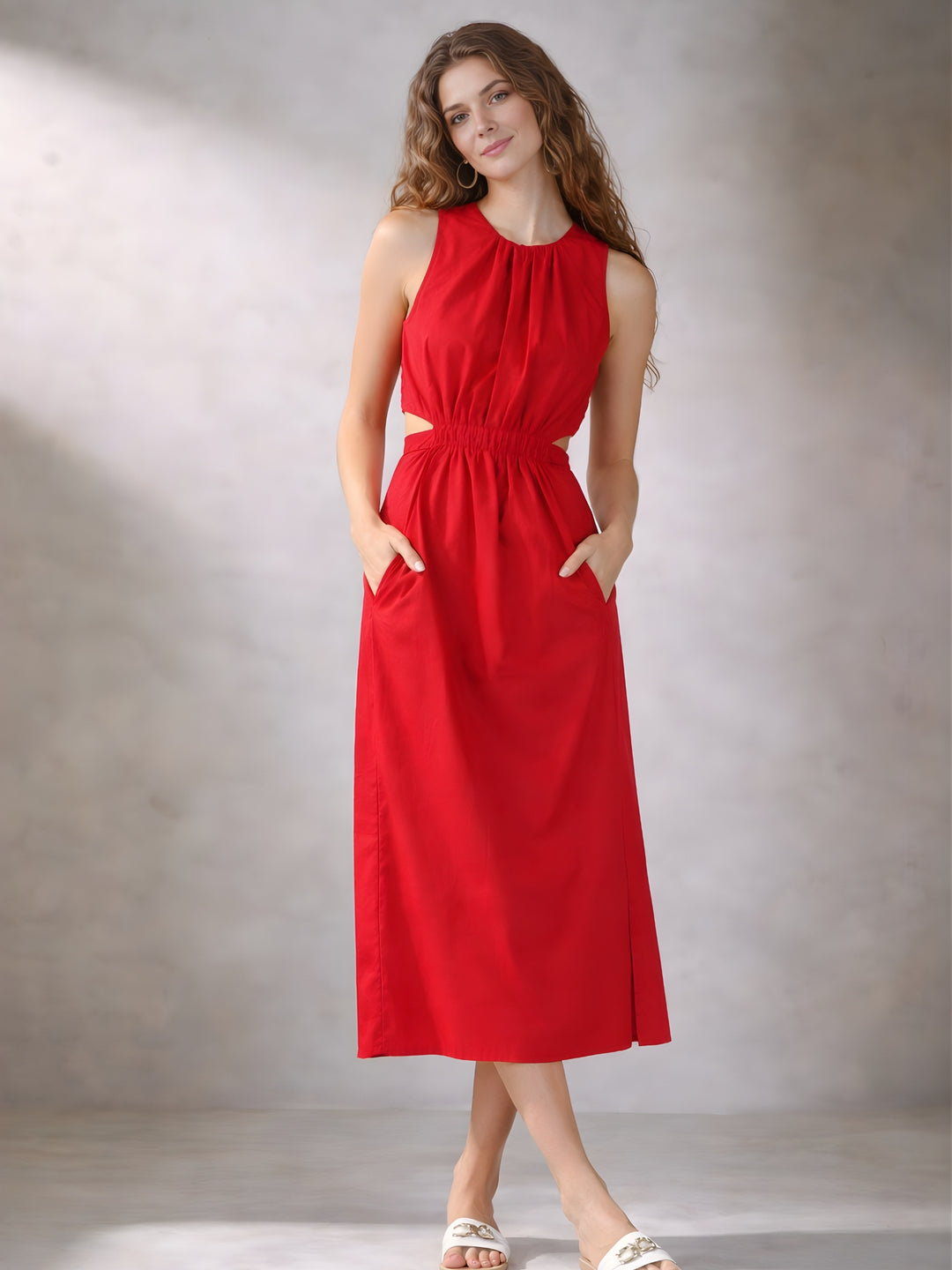 Red pure cotton A-line dress front view — LoungeDreams