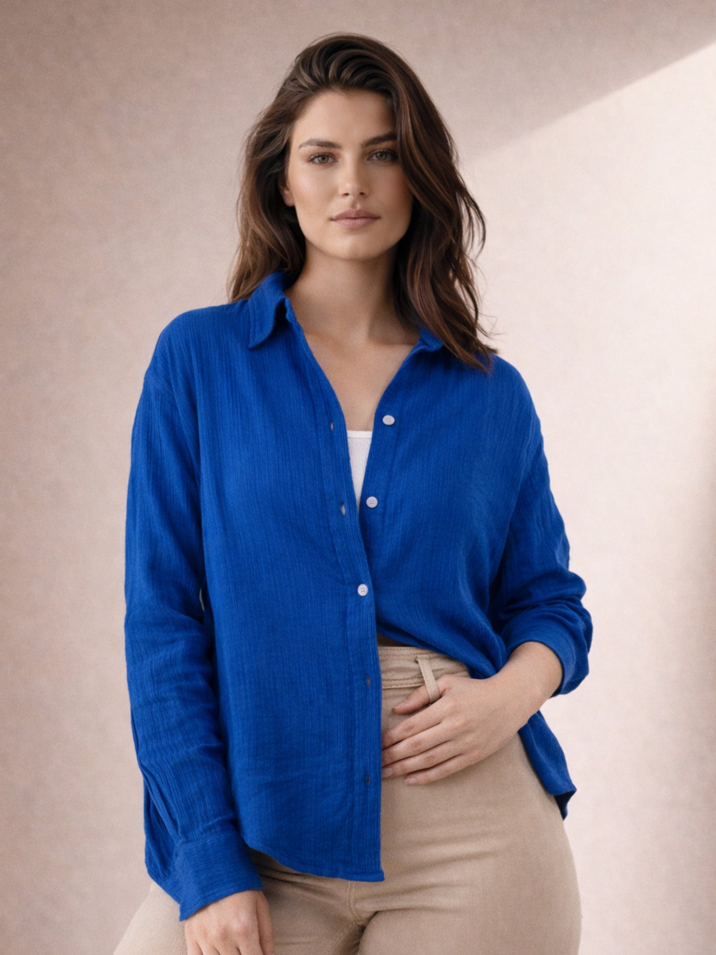 Front view of blue wrinkled cotton oversized shirt