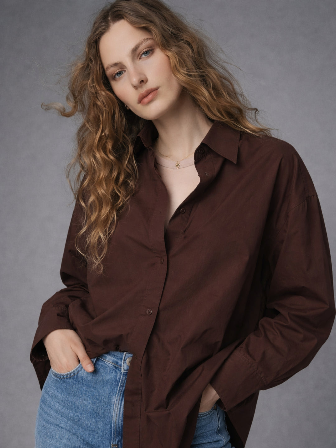 Coffee brown poplin cotton shirt front view for women