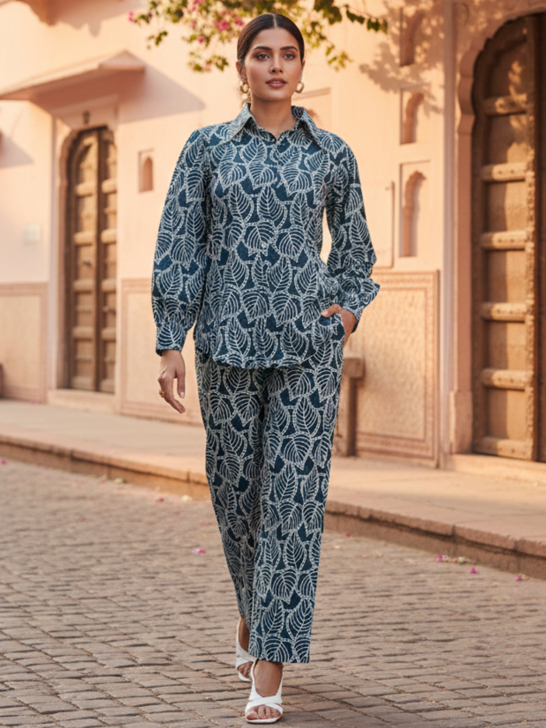 Front view of green Schiffli embroidered cotton co-ord set