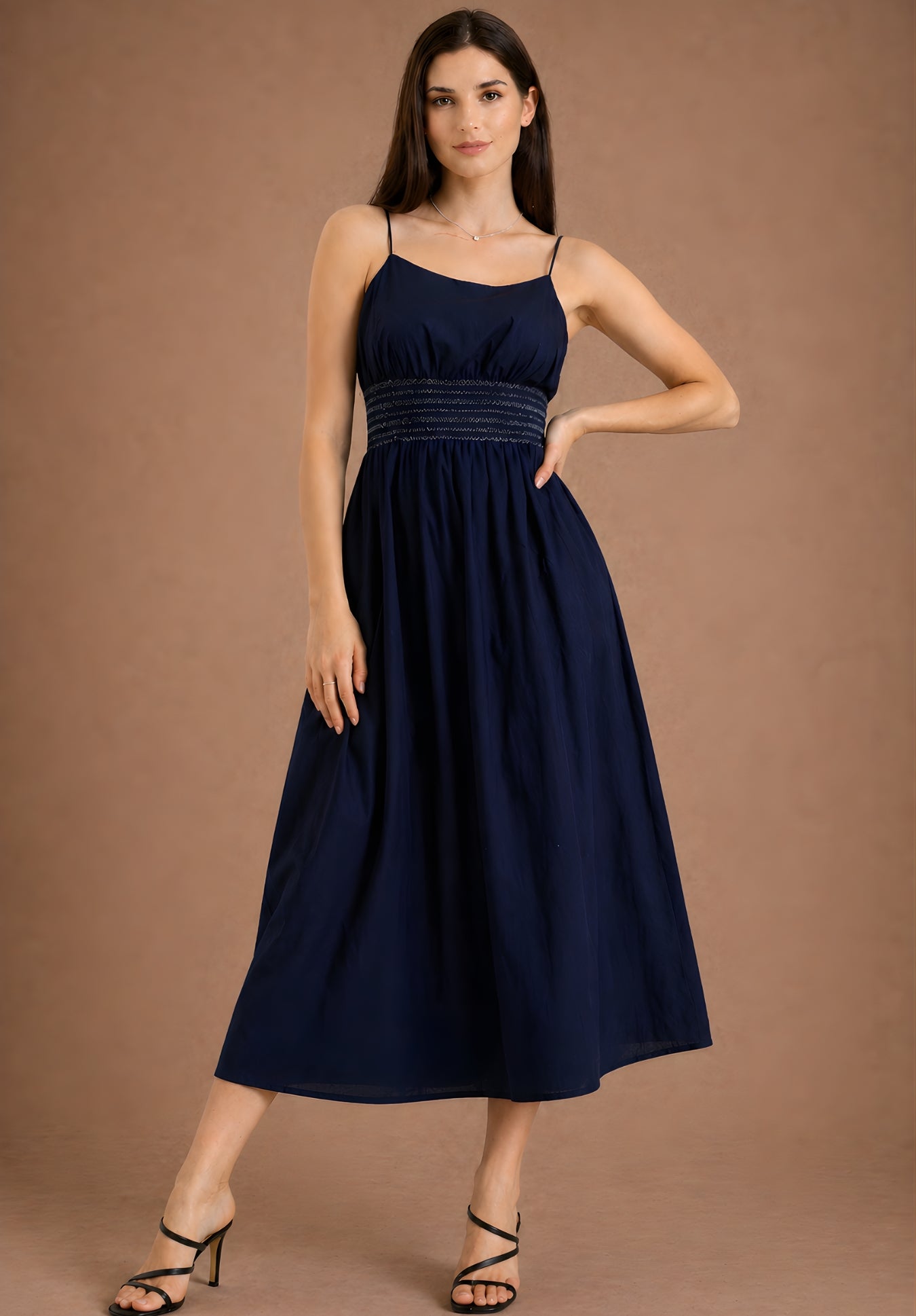 Front view of navy pure cotton embroidery dress for women