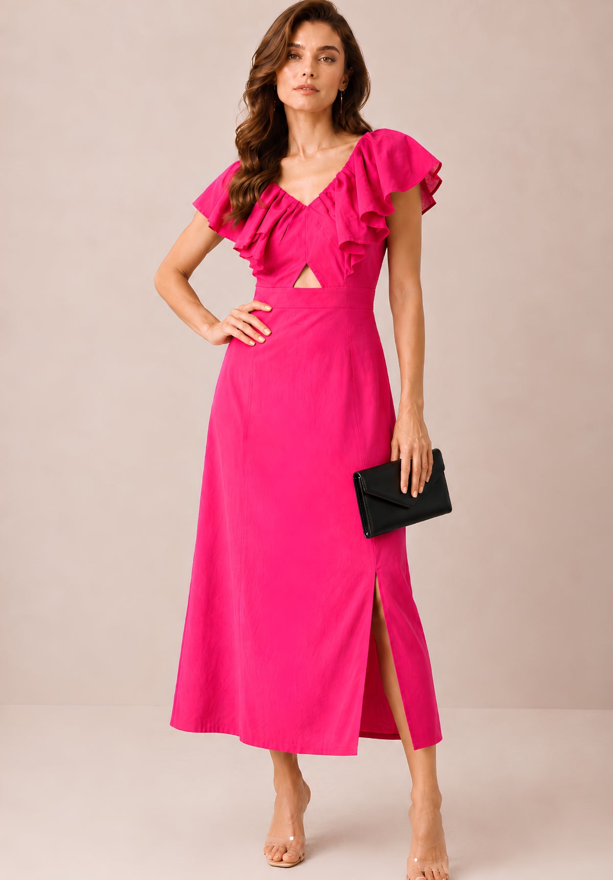 Pink Pure Cotton Flutter Sleeve Ruffled Sheath Midi Dress