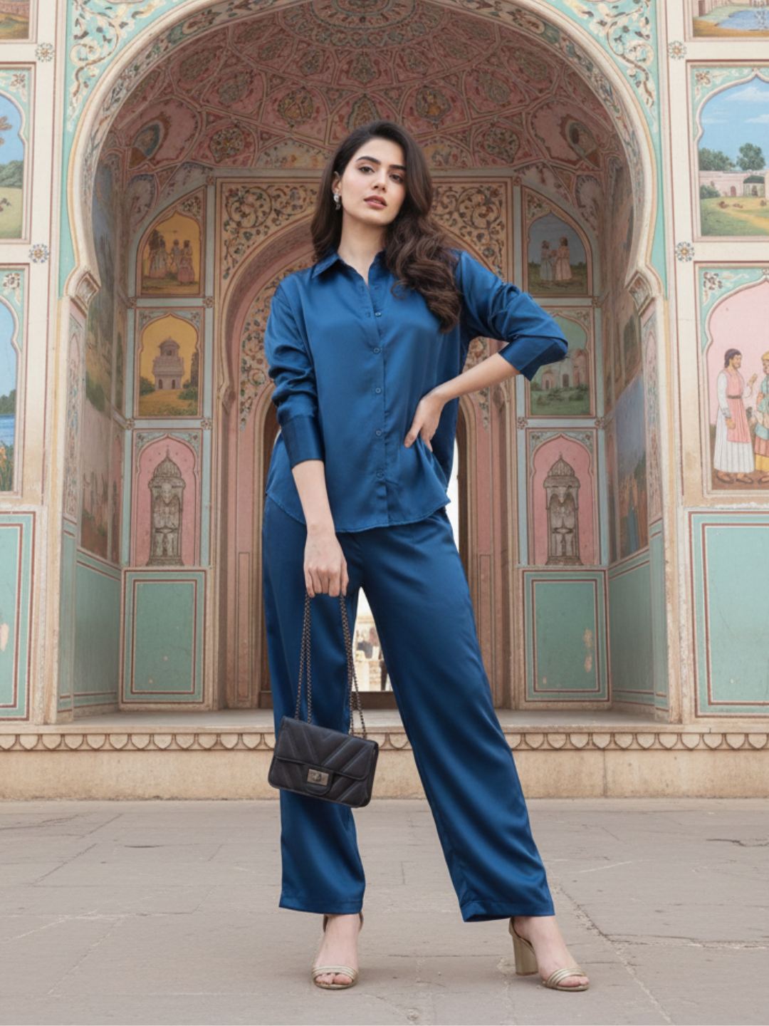 Model wearing navy blue satin co-ord set with relaxed fit shirt and pants