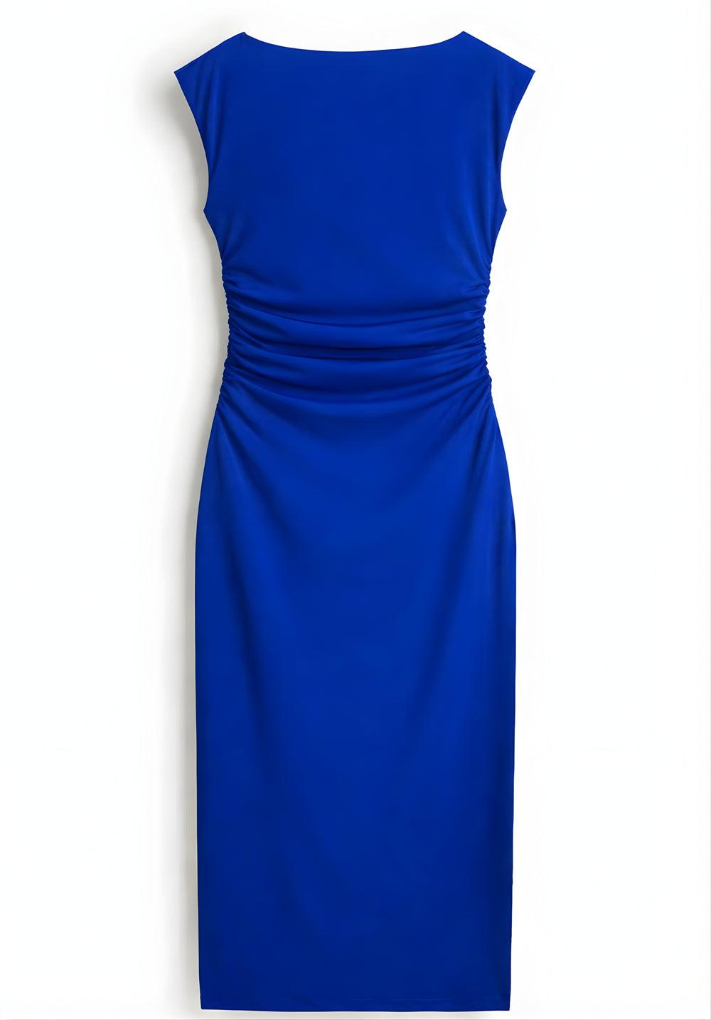 Side view of royal blue bodycon dress with cap sleeves
