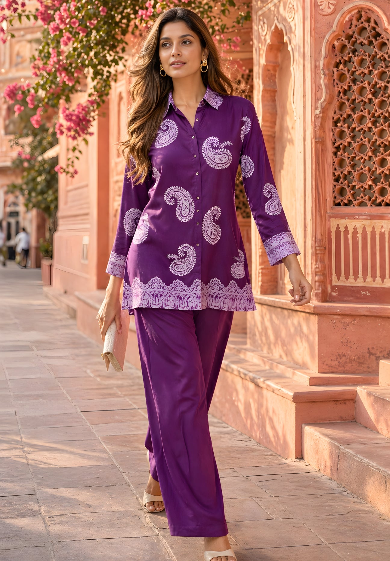 Front view of purple puff print satin co-ord set with long-sleeve shirt and trousers