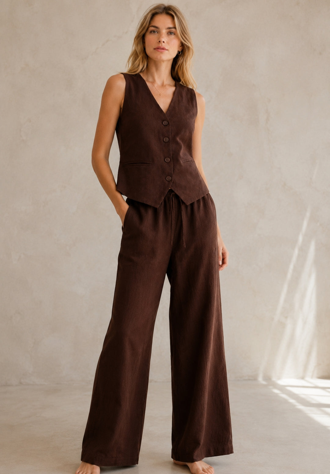Brown Linen Solid Vest Top with Palazzos Co-ord Set