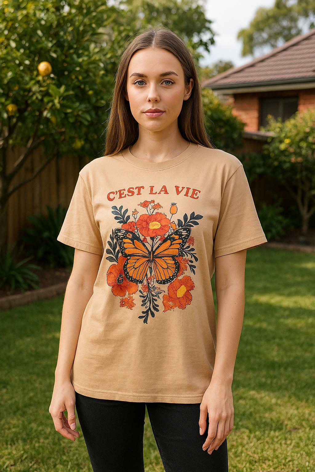 C'est La Vie oversized graphic t-shirt for women lifestyle shot
