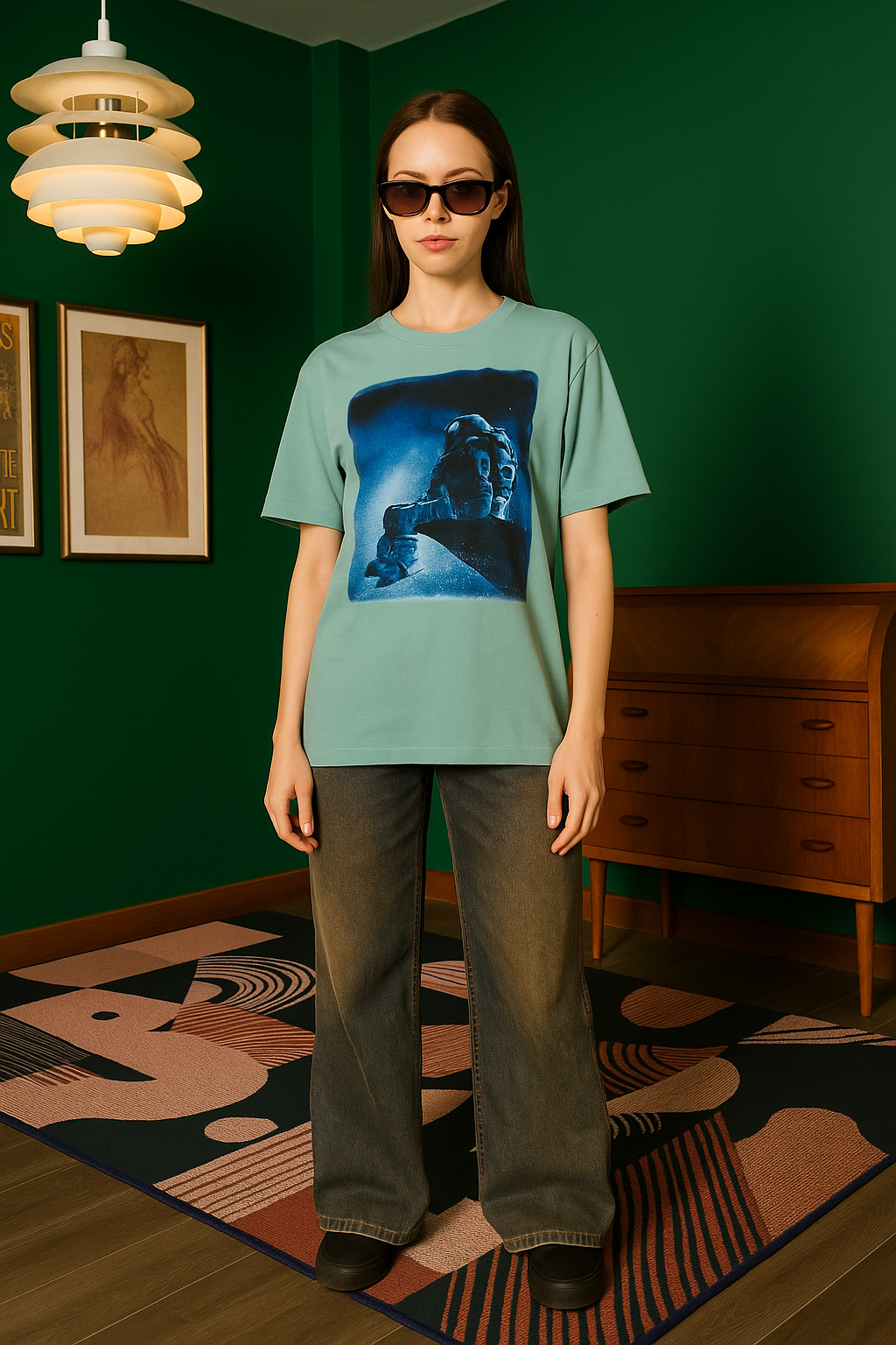 Full outfit shot styled with Astronaut oversized tee