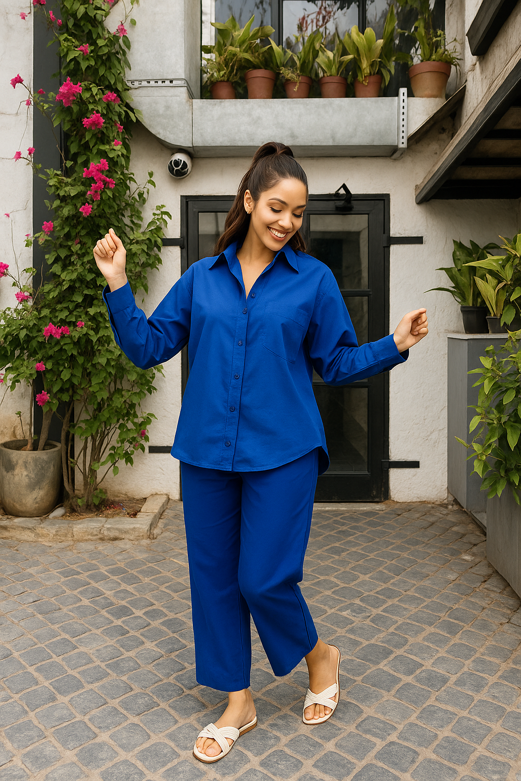 Front view of woman in royal blue poplin cotton co-ord set