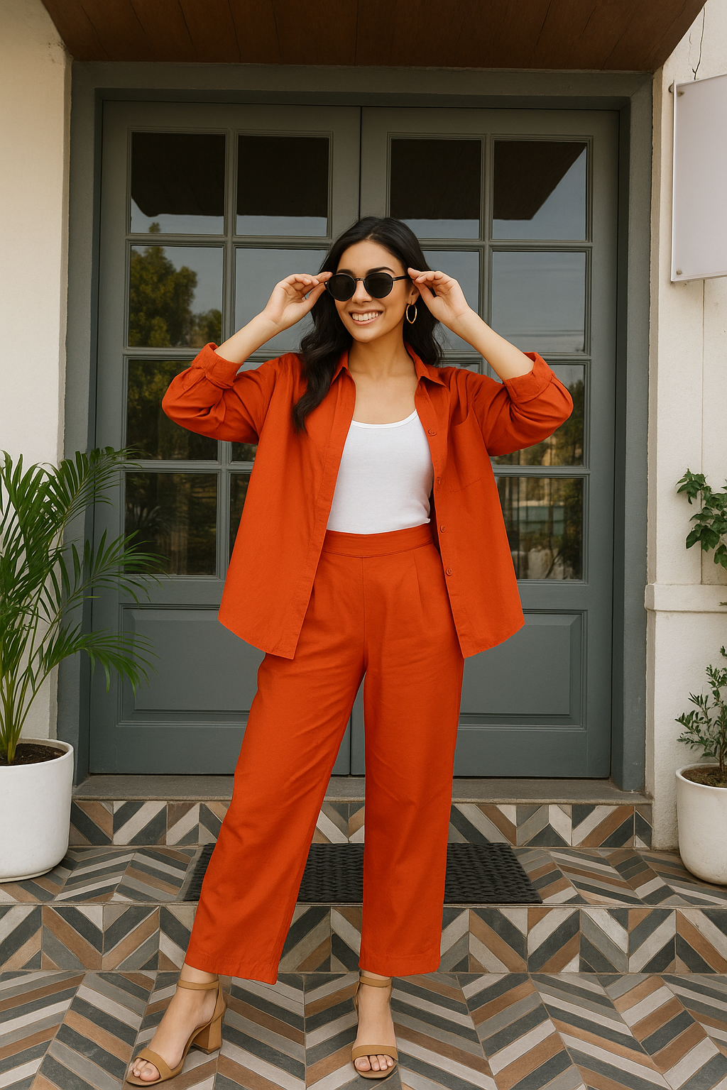 Model wearing rust poplin cotton co-ord set with relaxed fit shirt and trousers