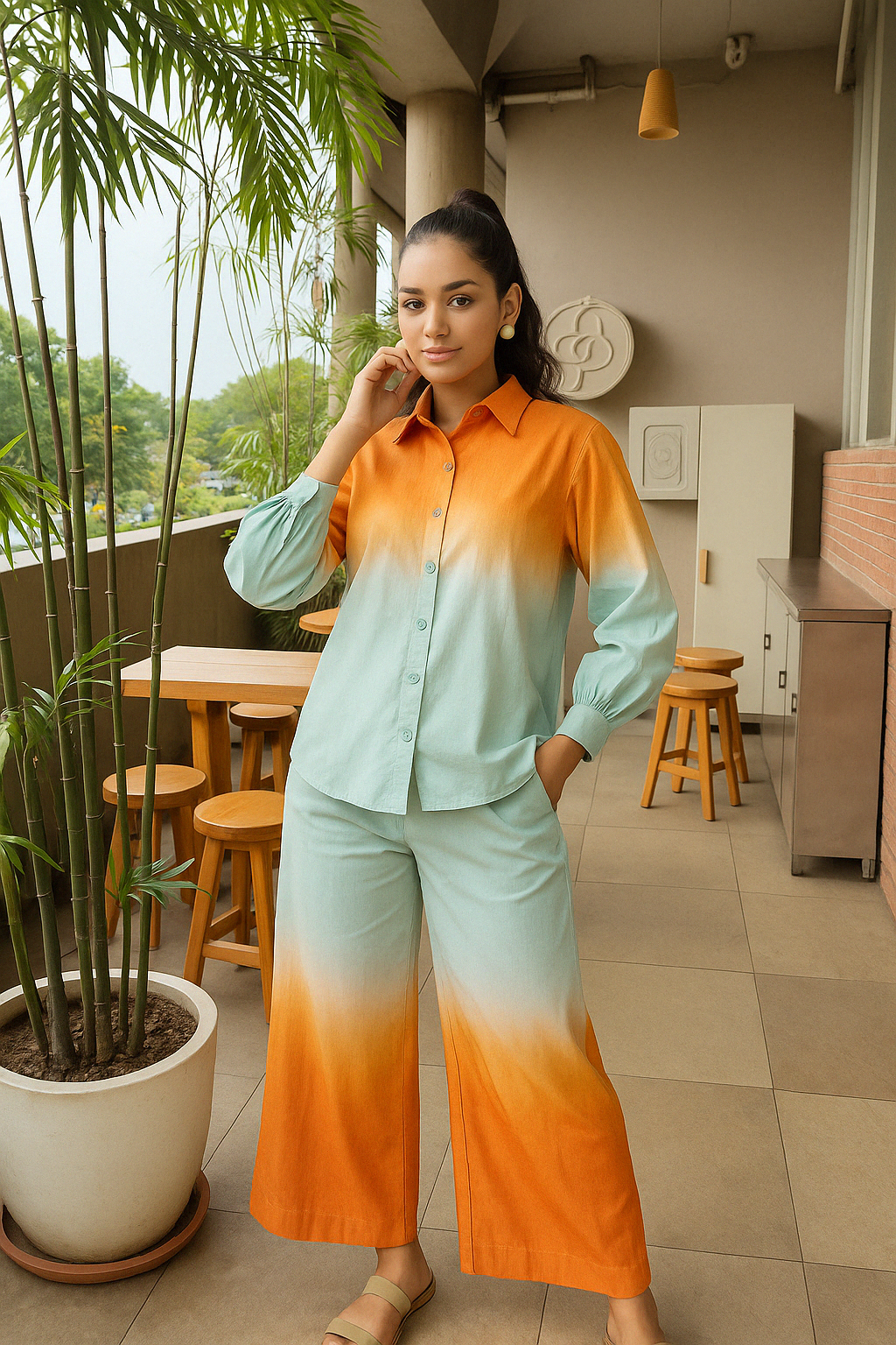 Front view of woman in orange and blue ombre tie-dye cotton co-ord set