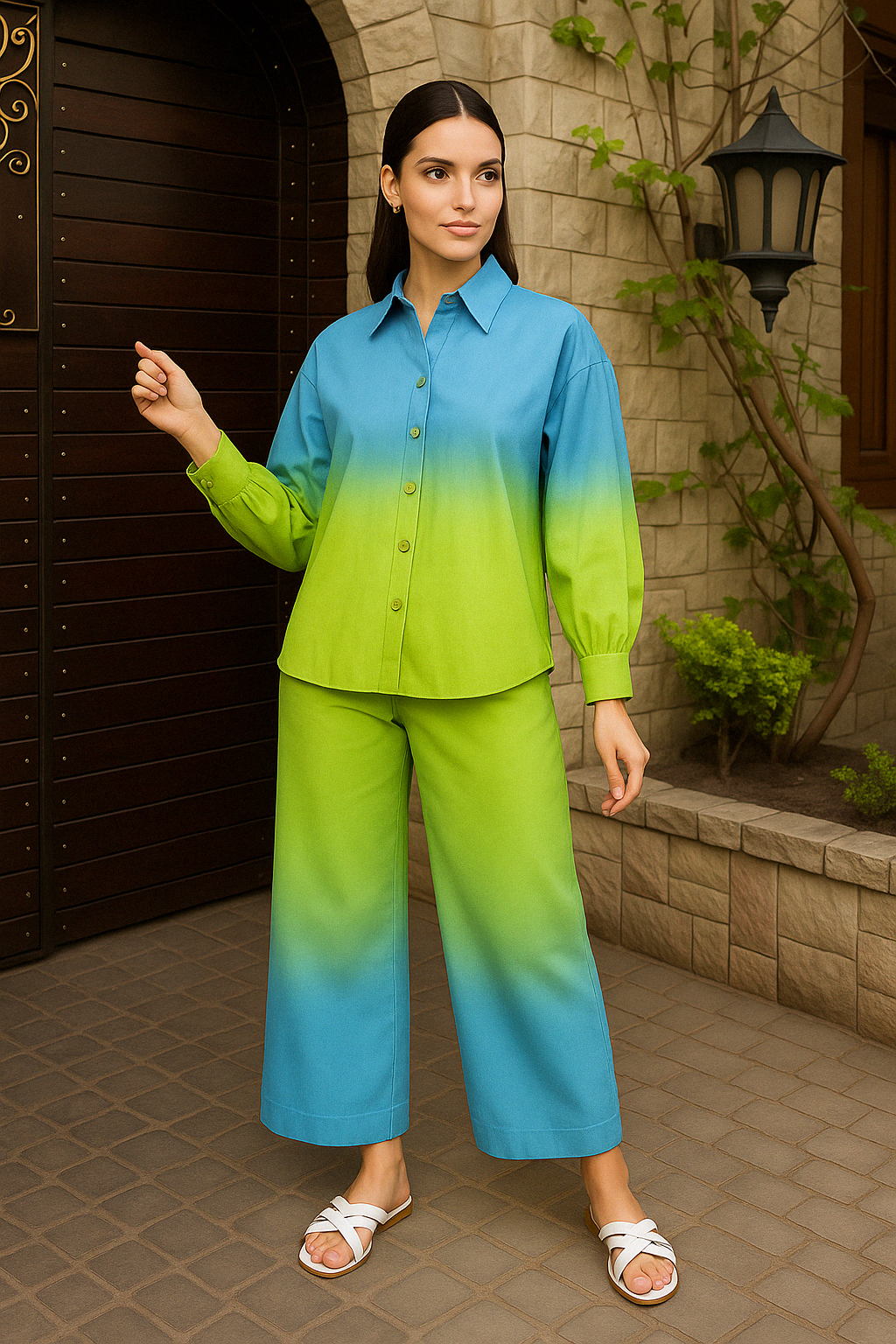 Front view of woman in blue and green ombre tie-dye cotton co-ord set