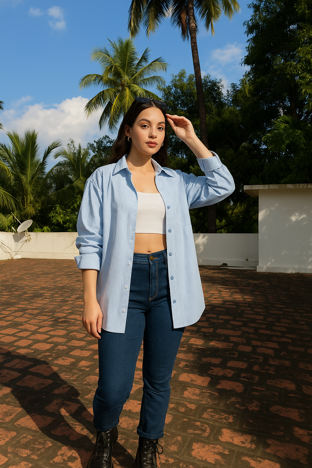 Blue striped cotton oversized shirt for women - styling shot