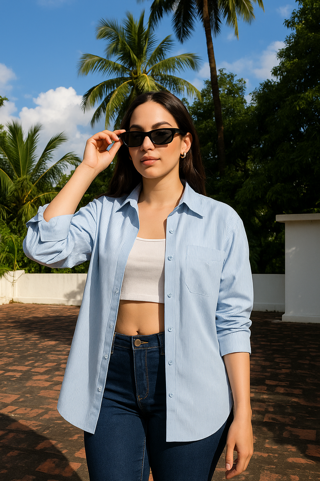 Woman wearing blue striped cotton oversized shirt - front view