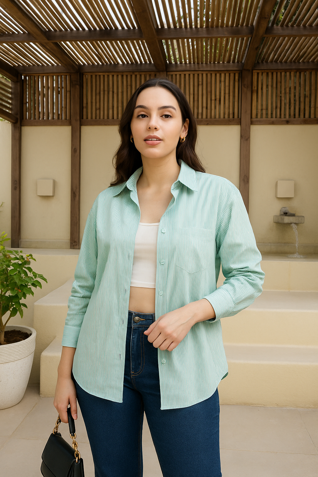Woman wearing green striped cotton oversized shirt - front view