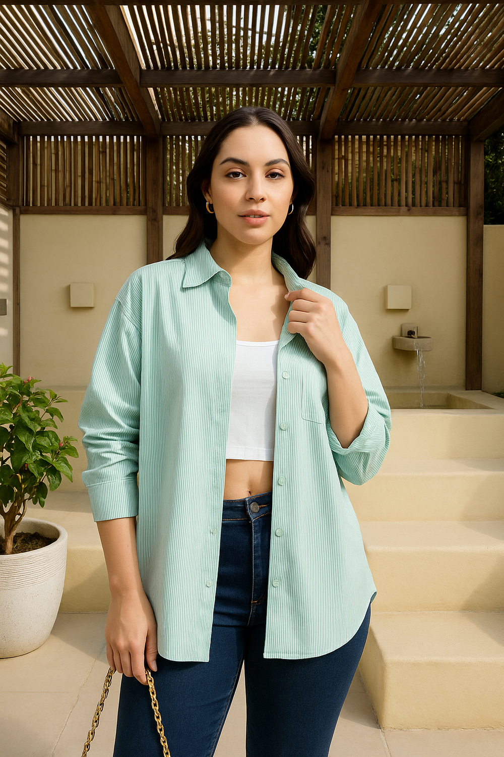 Green striped cotton oversized shirt for women - styling shot