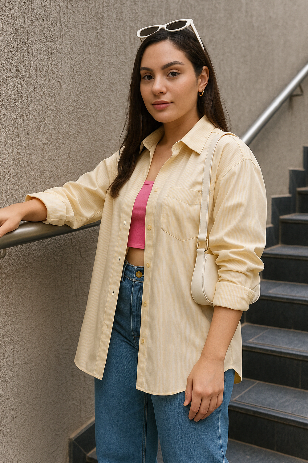 Lifestyle shot of woman wearing yellow striped shirt